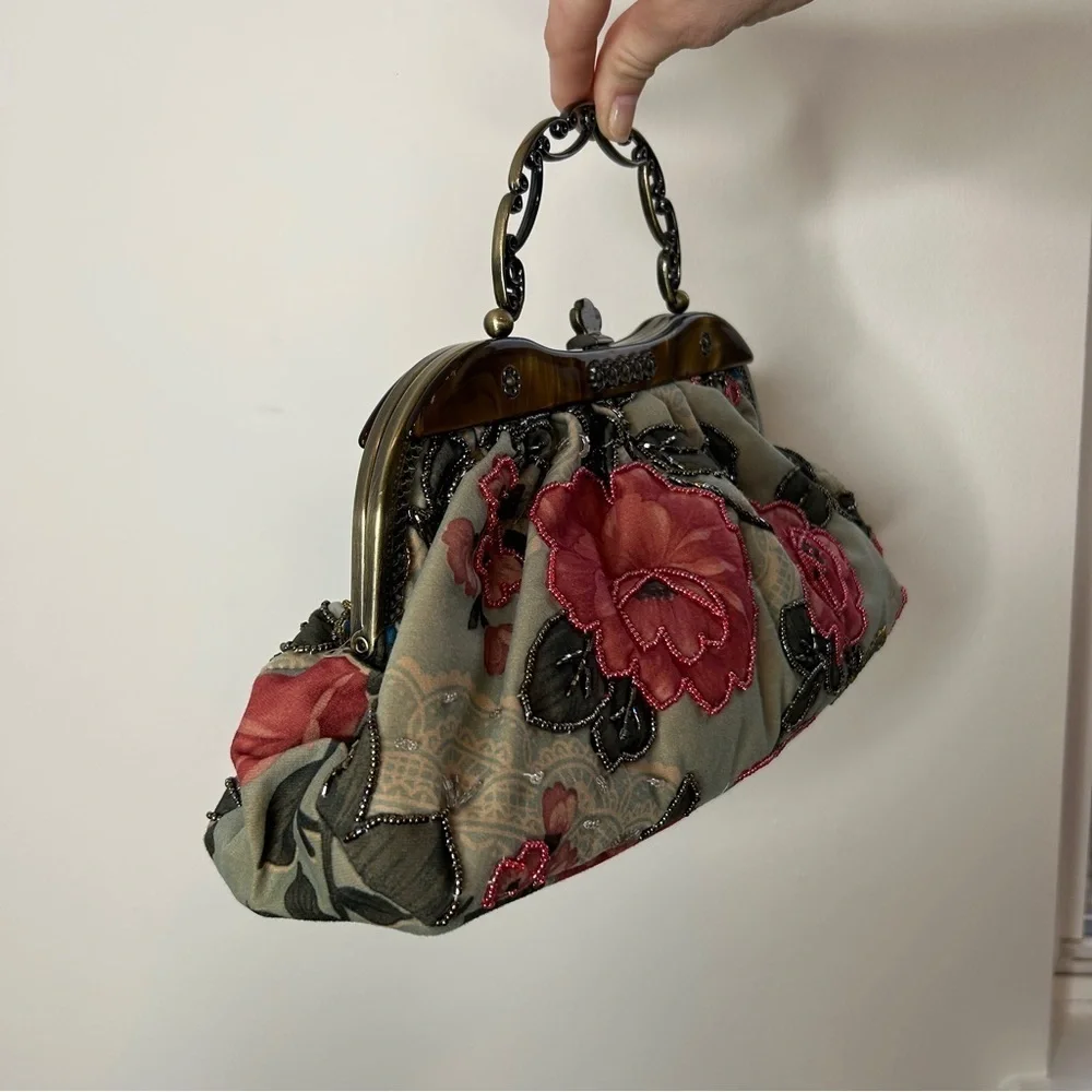 Vintage Floral Beaded Frame Purse Clutch Pink Green Brown